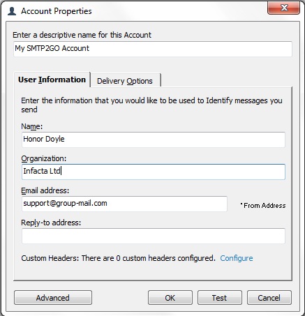 The User Information Tab, Account Properties Screen and Delivery Options Tab simply allow you to re-edit any of the details you have already entered. Once you are satisfied just click on the Test Button to send a Test Message to ensure that your details are functioning successfully.